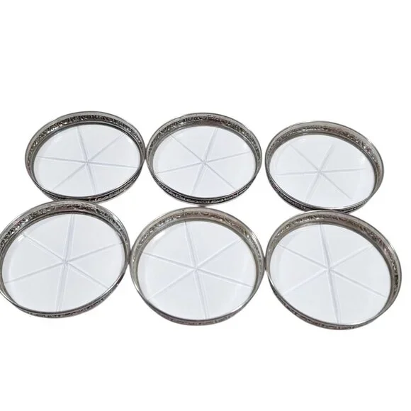 Vintage Sterling Silver Floral Rim Etched Glass Set Of 6 Coasters 164.44 grams - Picture 1 of 7
